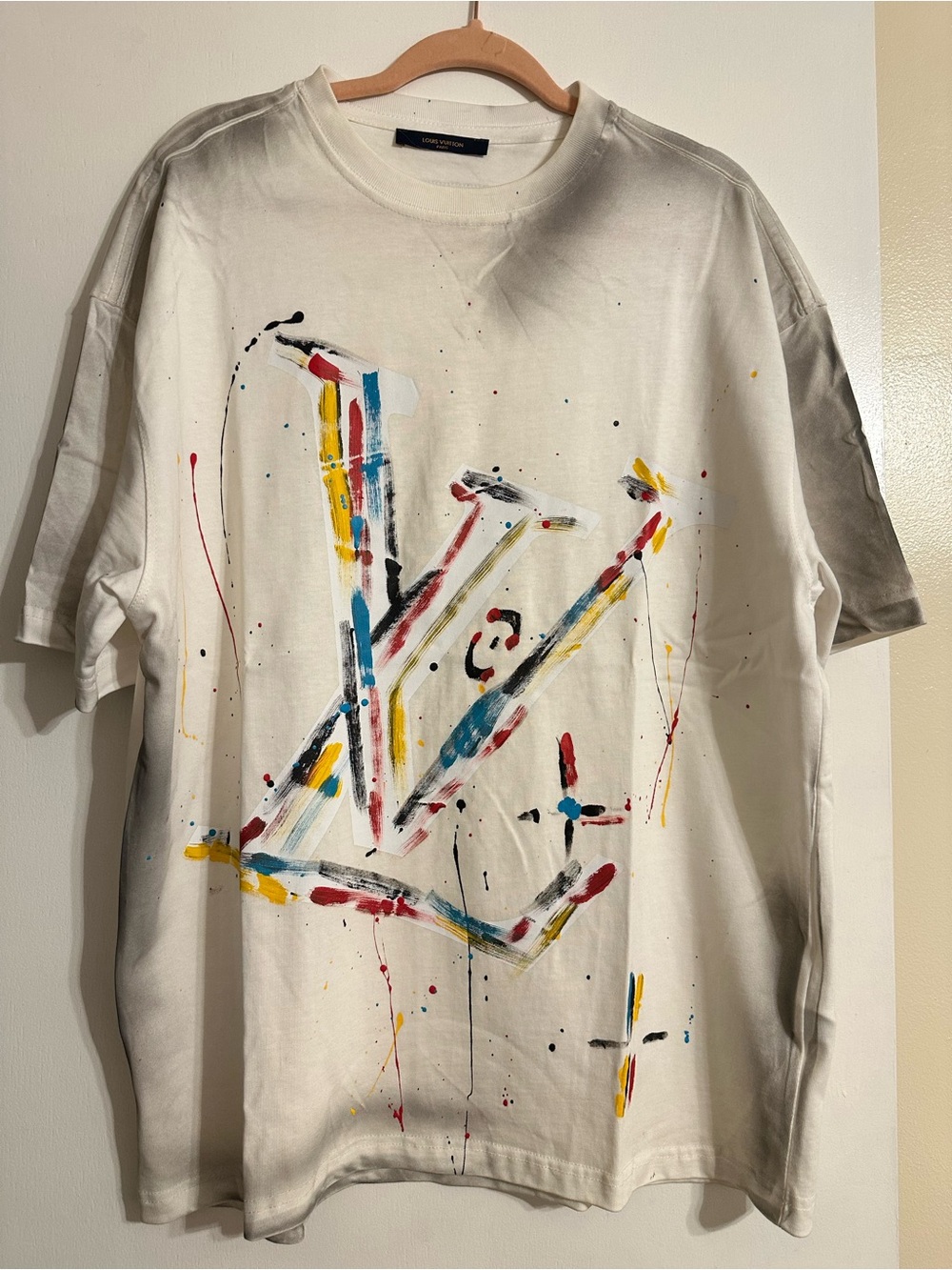 Louis Vuitton White Mens Tee with Multicolor Paint-Style LV Logo